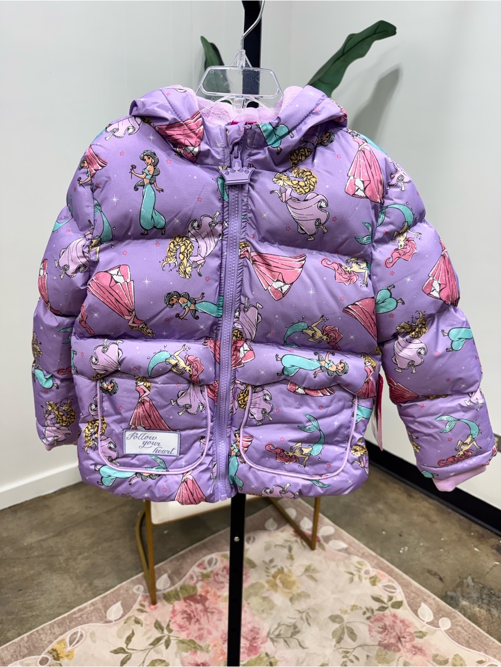 Disney Princess Girls Purple Puffer Jacket Hooded Fleece Lined 6/6X NWT